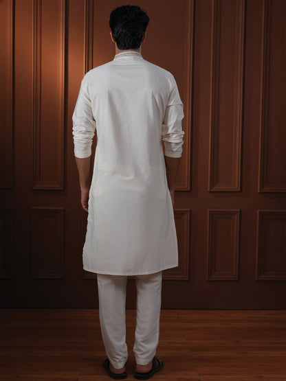 Aarnik Ivory Embroidered Katan Kurta