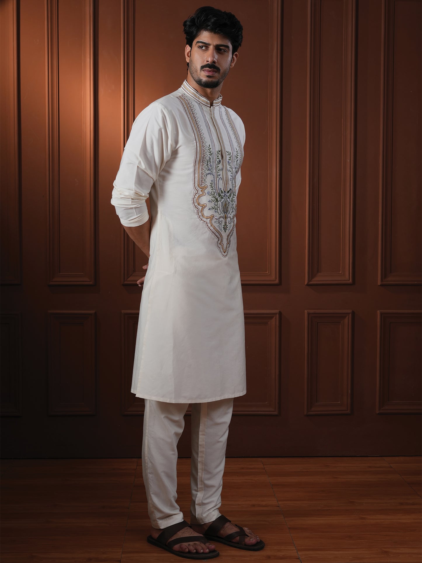 Aarnik Ivory Embroidered Katan Kurta