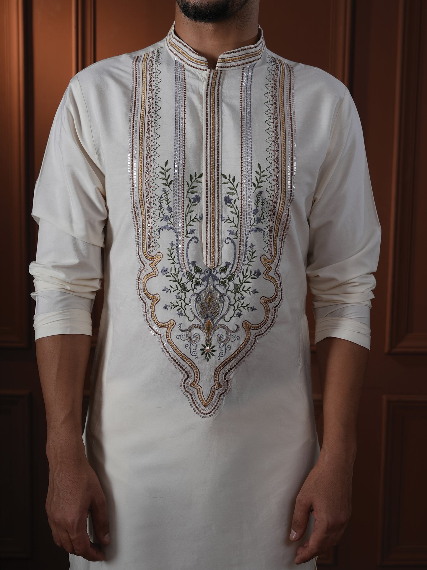 Aarnik Ivory Embroidered Katan Kurta