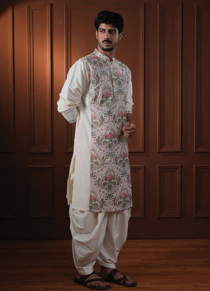 Ketan Ivory  Embroidered Katan Kurta Set