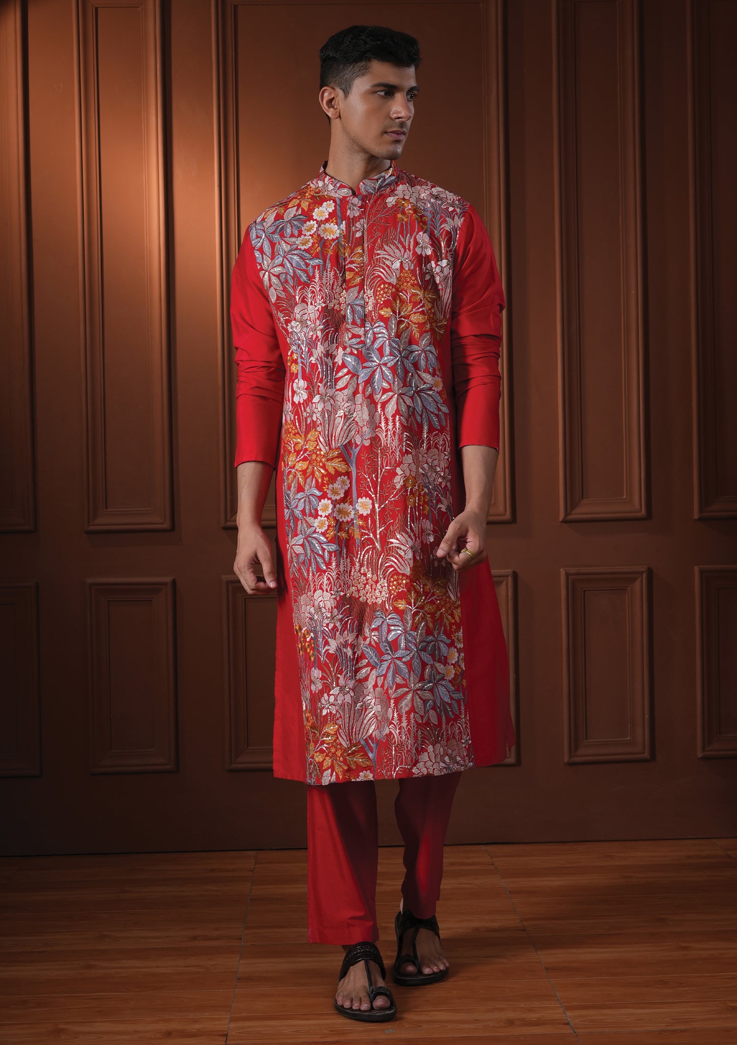 Kavyan Red Embroidered Katan Kurta
