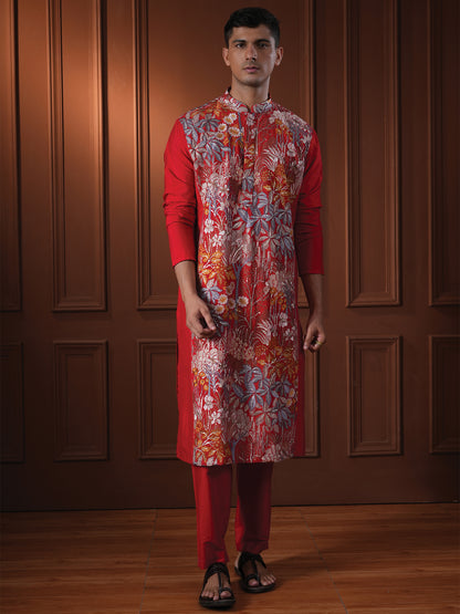 Kavyan Red Embroidered Katan Kurta