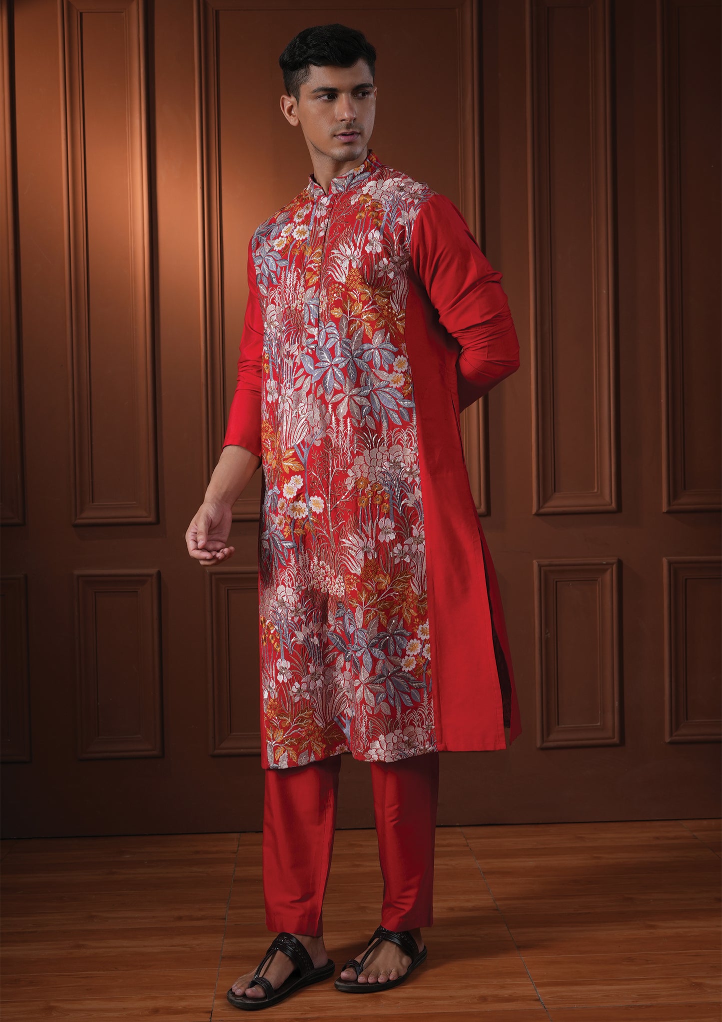 Kavyan Red Embroidered Katan Kurta