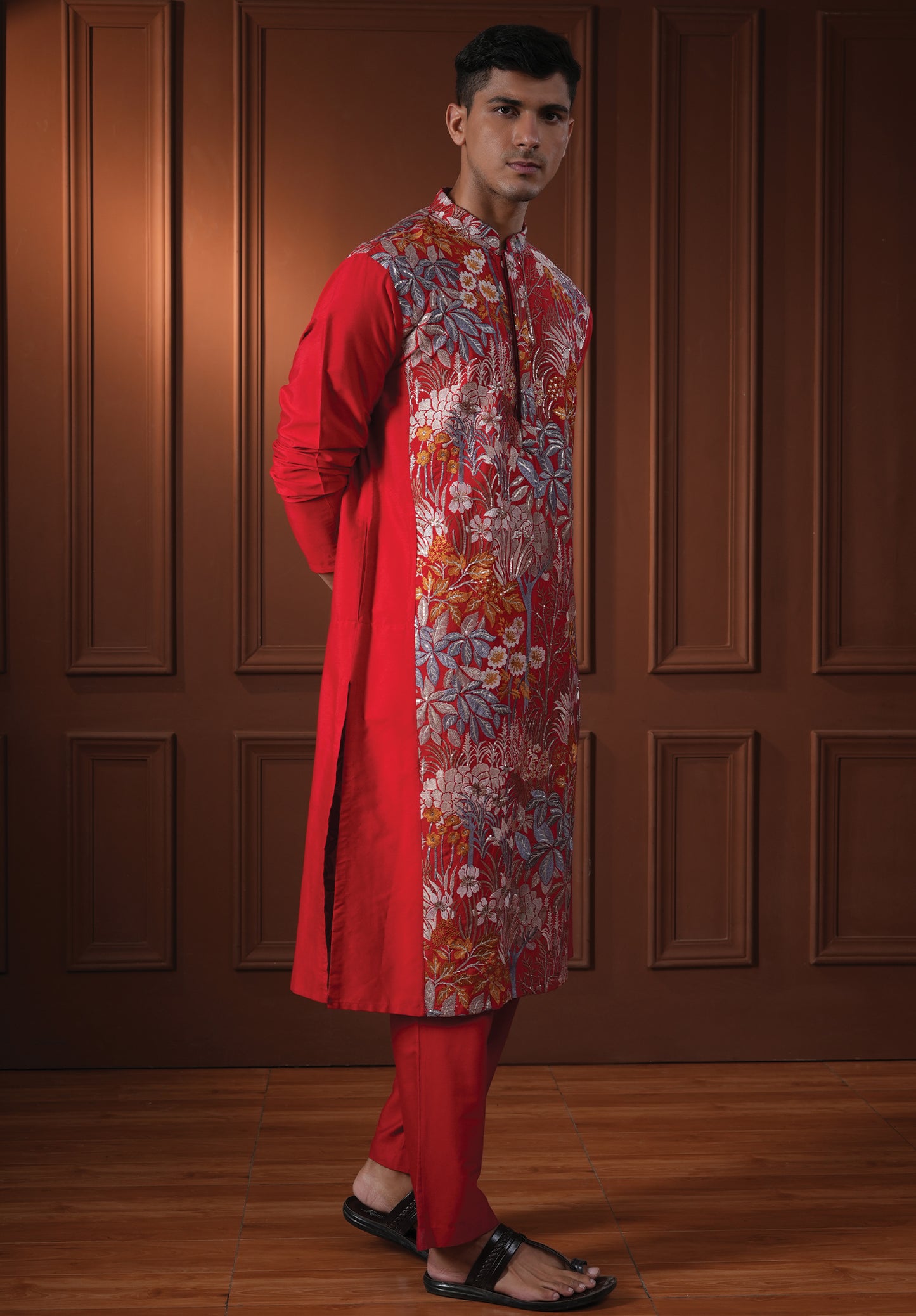 Kavyan Red Embroidered Katan Kurta