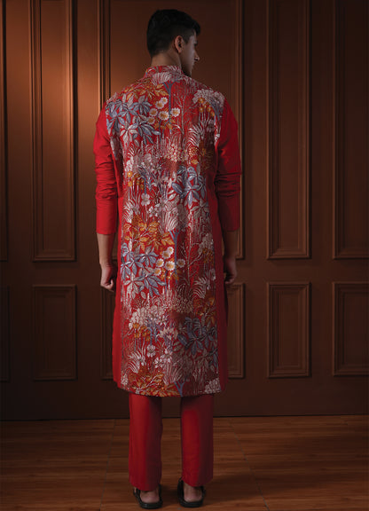 Kavyan Red Embroidered Katan Kurta