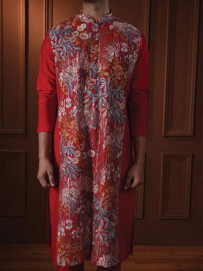 Kavyan Red Embroidered Katan Kurta