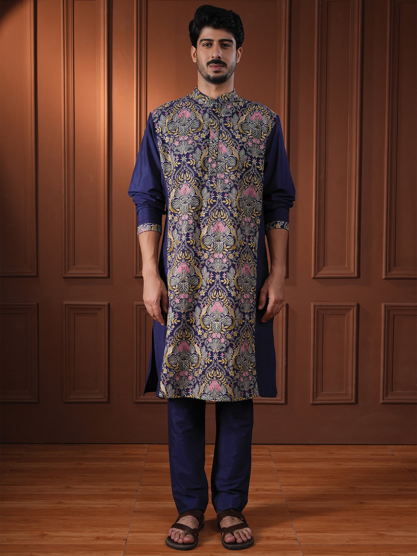 Ketan Blue Embroidered Katan Kurta