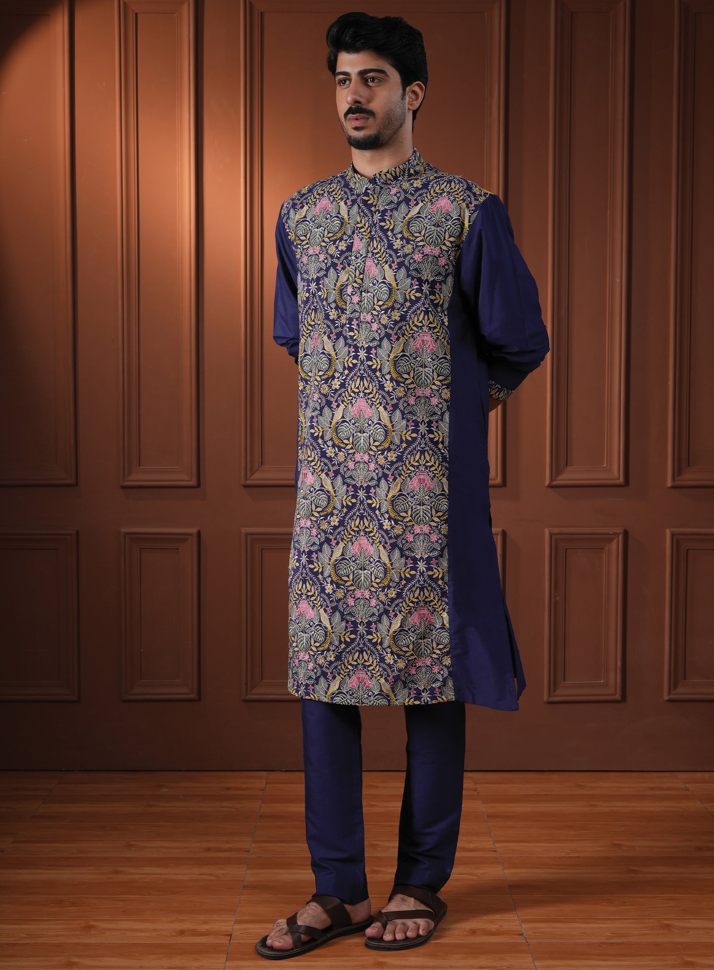 Ketan Blue Embroidered Katan Kurta
