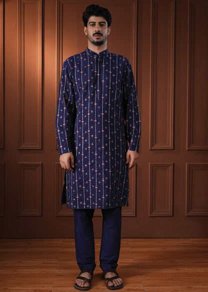 Rahiv Blue Embroidered Katan Kurta Set
