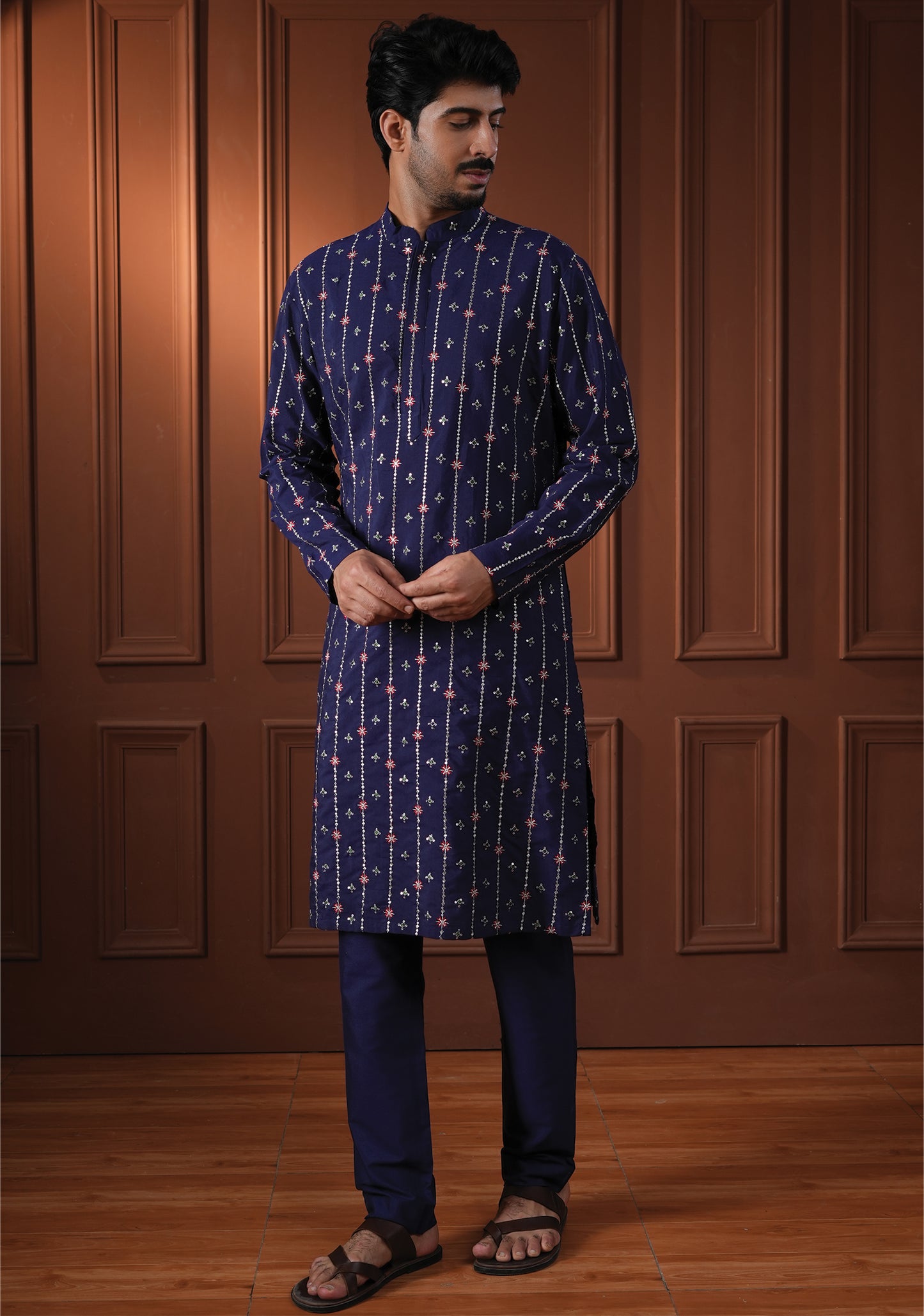 Rahiv Blue Embroidered Katan Kurta Set