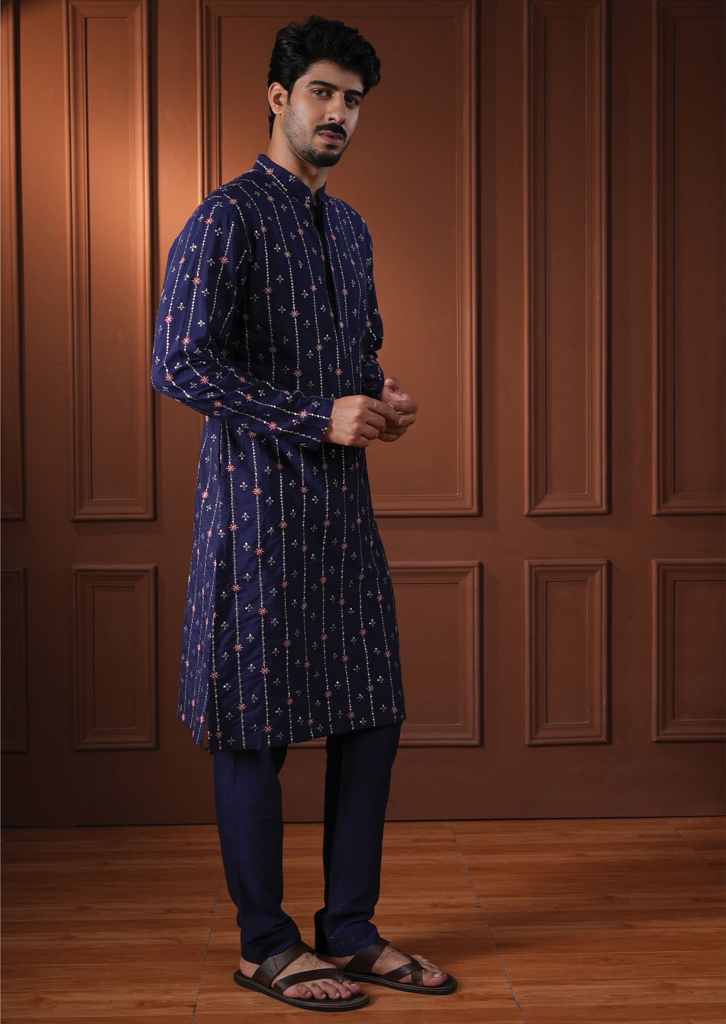 Rahiv Blue Embroidered Katan Kurta Set