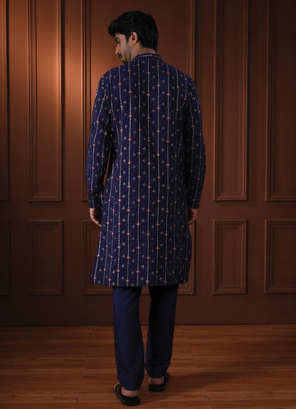 Rahiv Blue Embroidered Katan Kurta Set