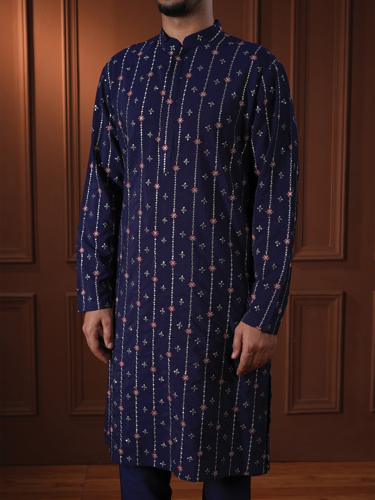 Rahiv Blue Embroidered Katan Kurta Set