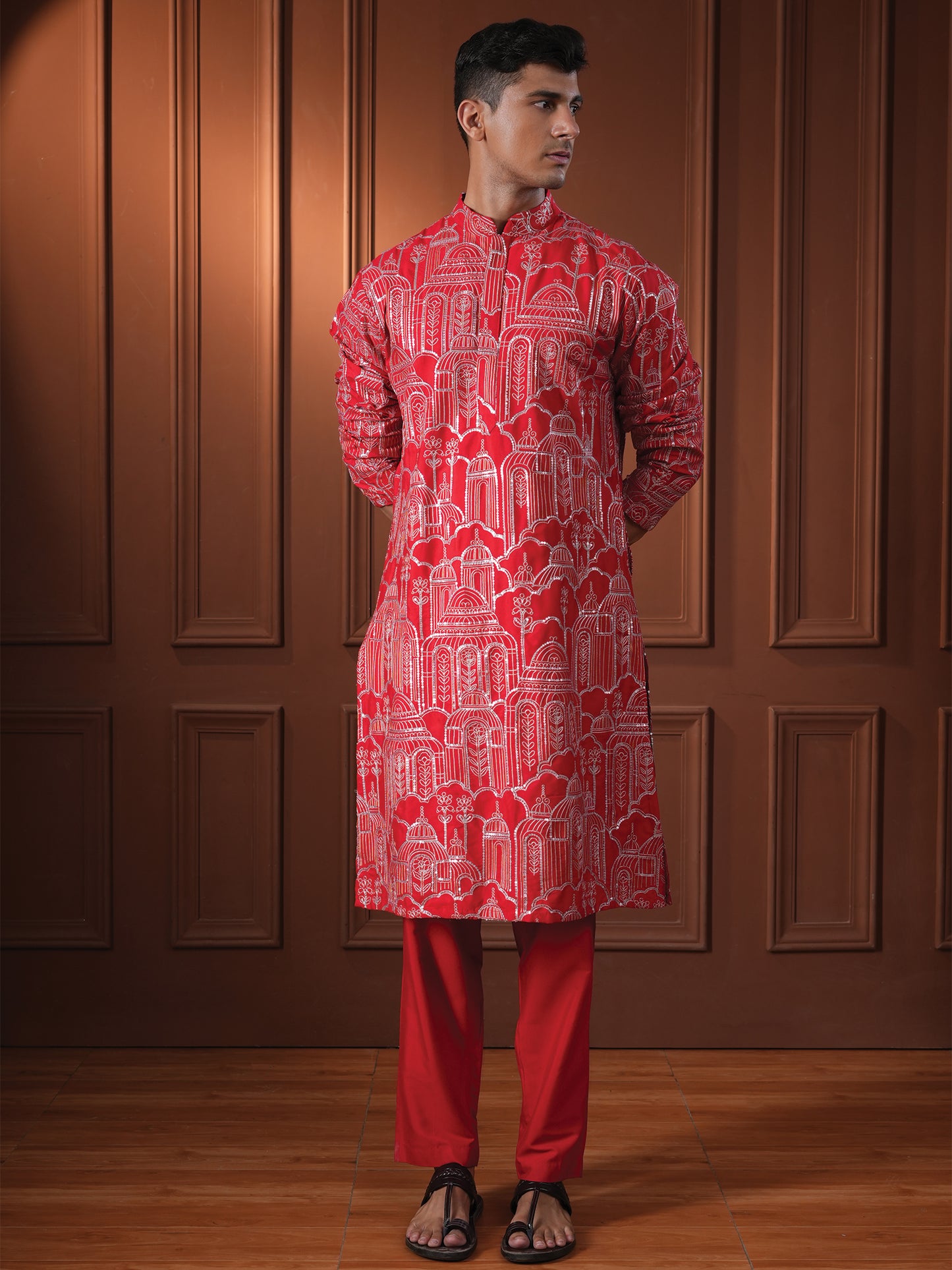 Yazal Red Embroidered Katan Kurta