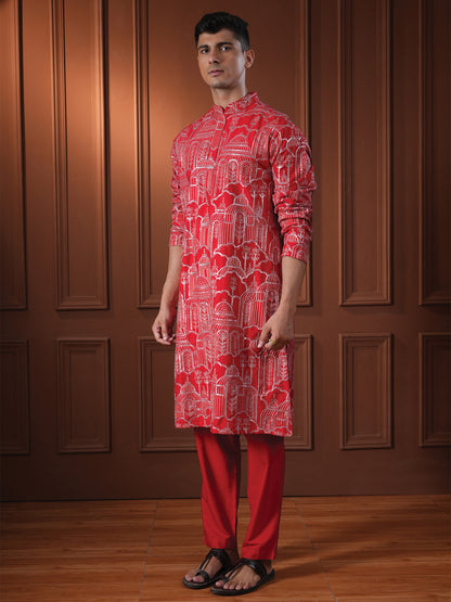 Yazal Red Embroidered Katan Kurta Set