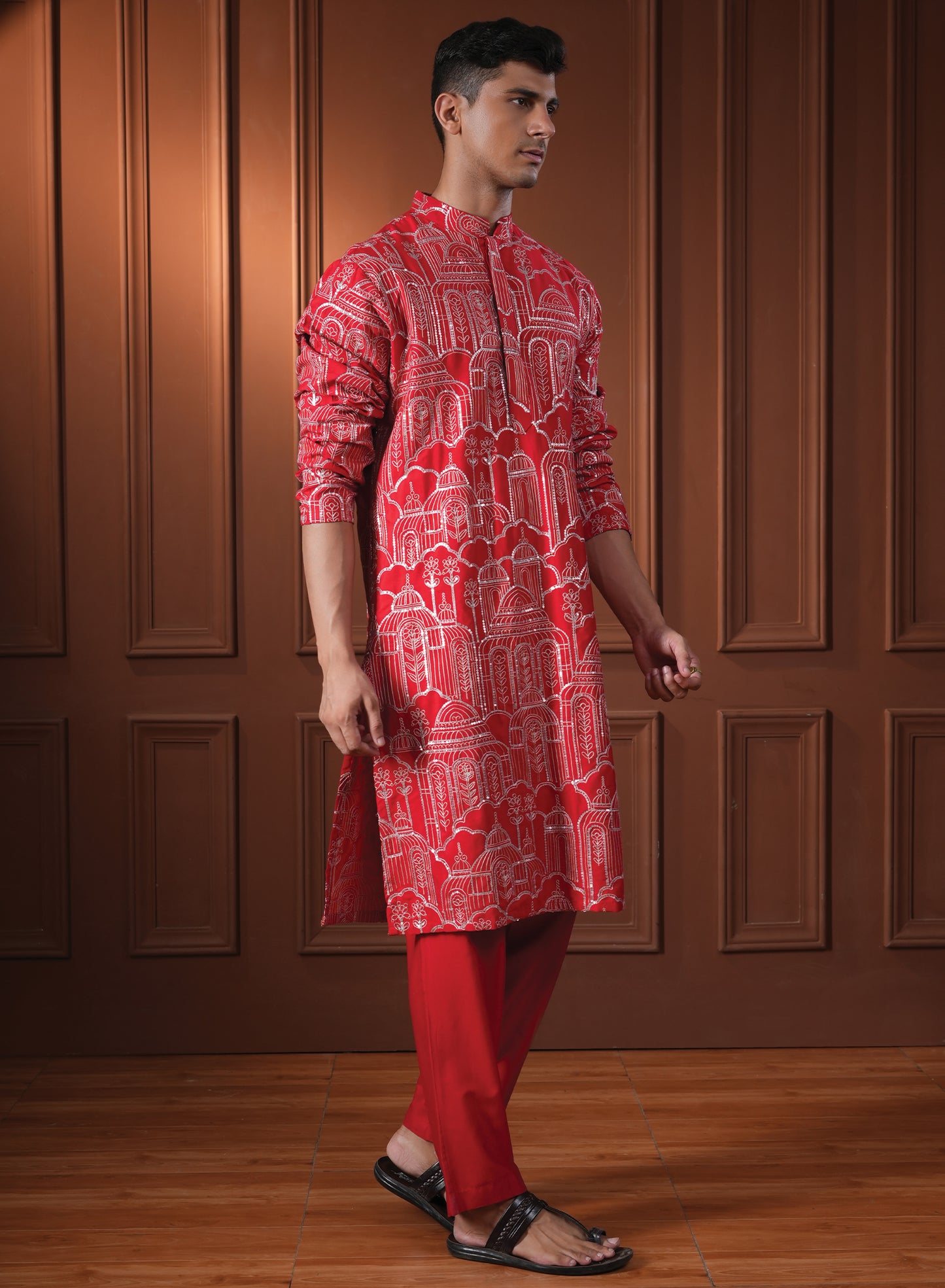 Yazal Red Embroidered Katan Kurta Set