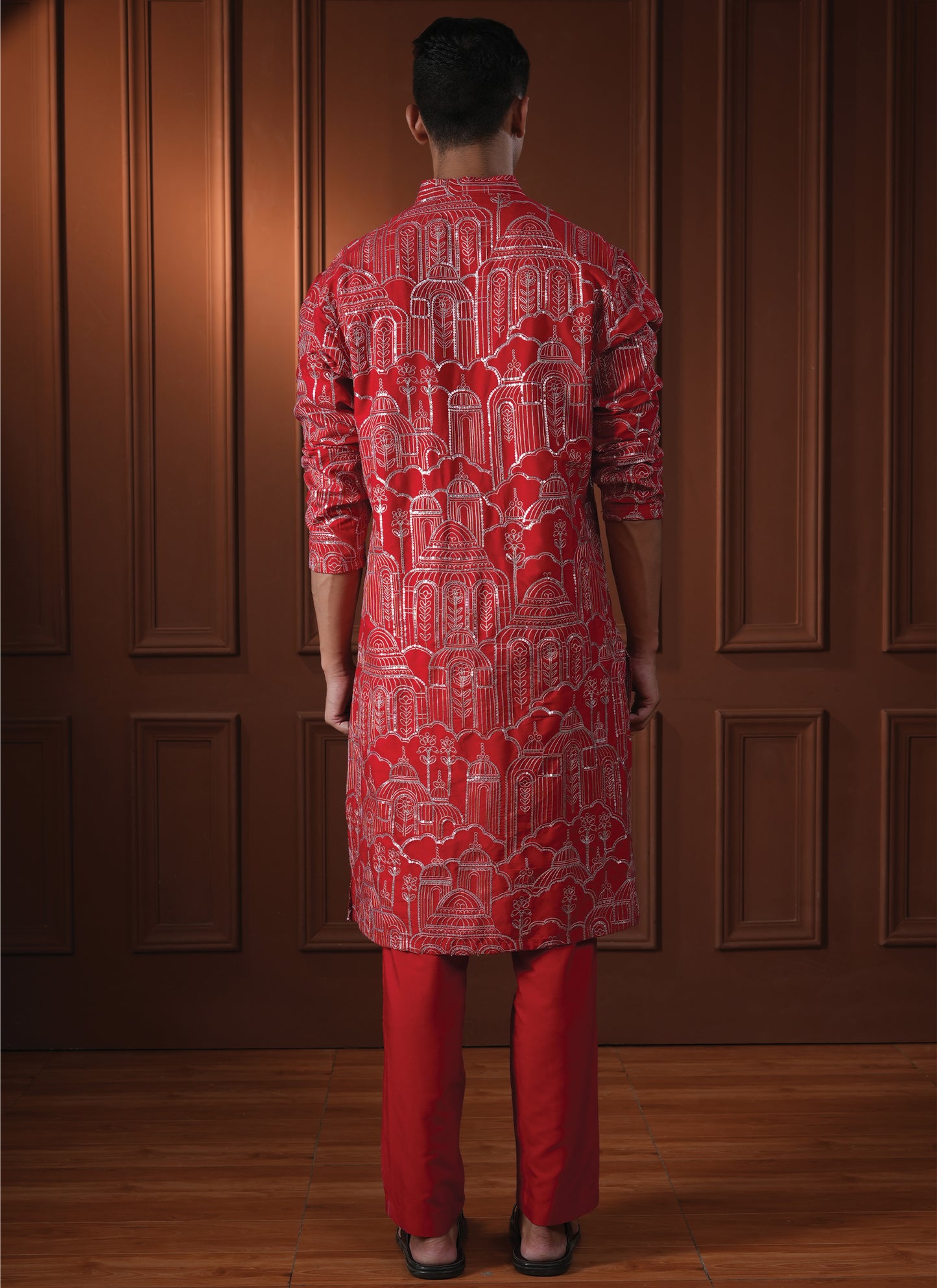 Yazal Red Embroidered Katan Kurta