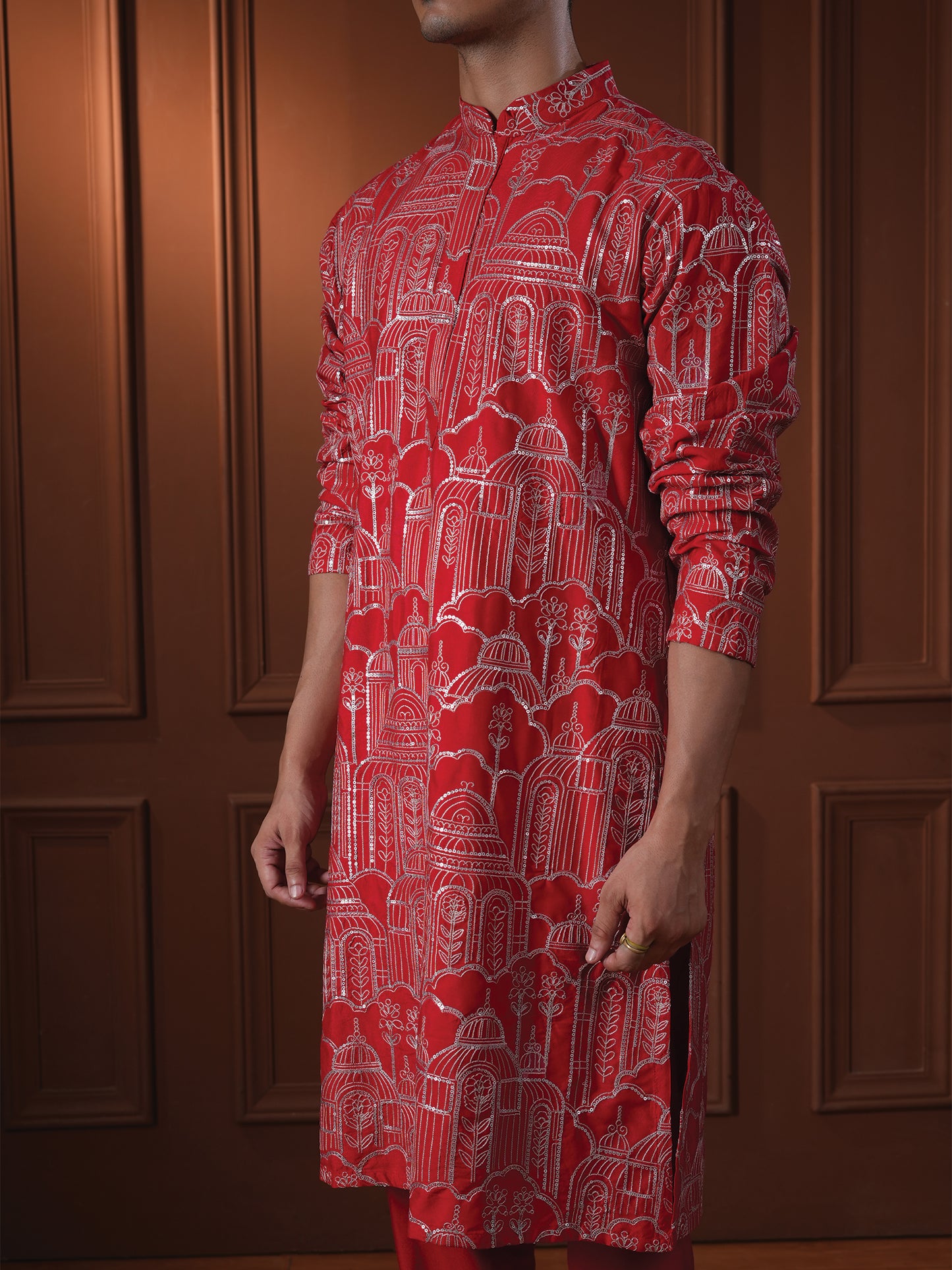 Yazal Red Embroidered Katan Kurta Set