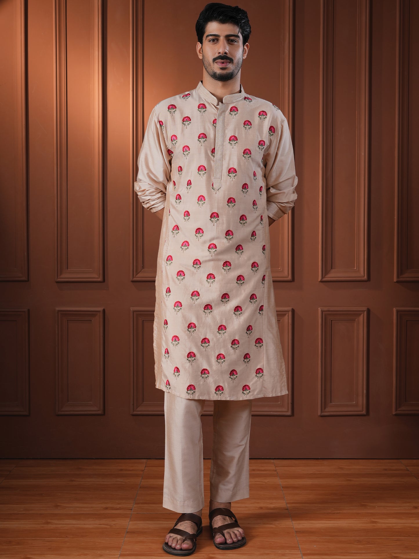 Mukunda Beige Embroidered Katan Kurta Set
