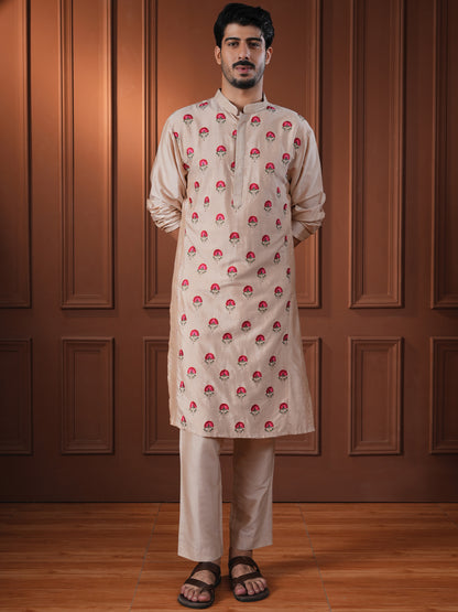 Mukunda Beige Embroidered Katan Kurta Set