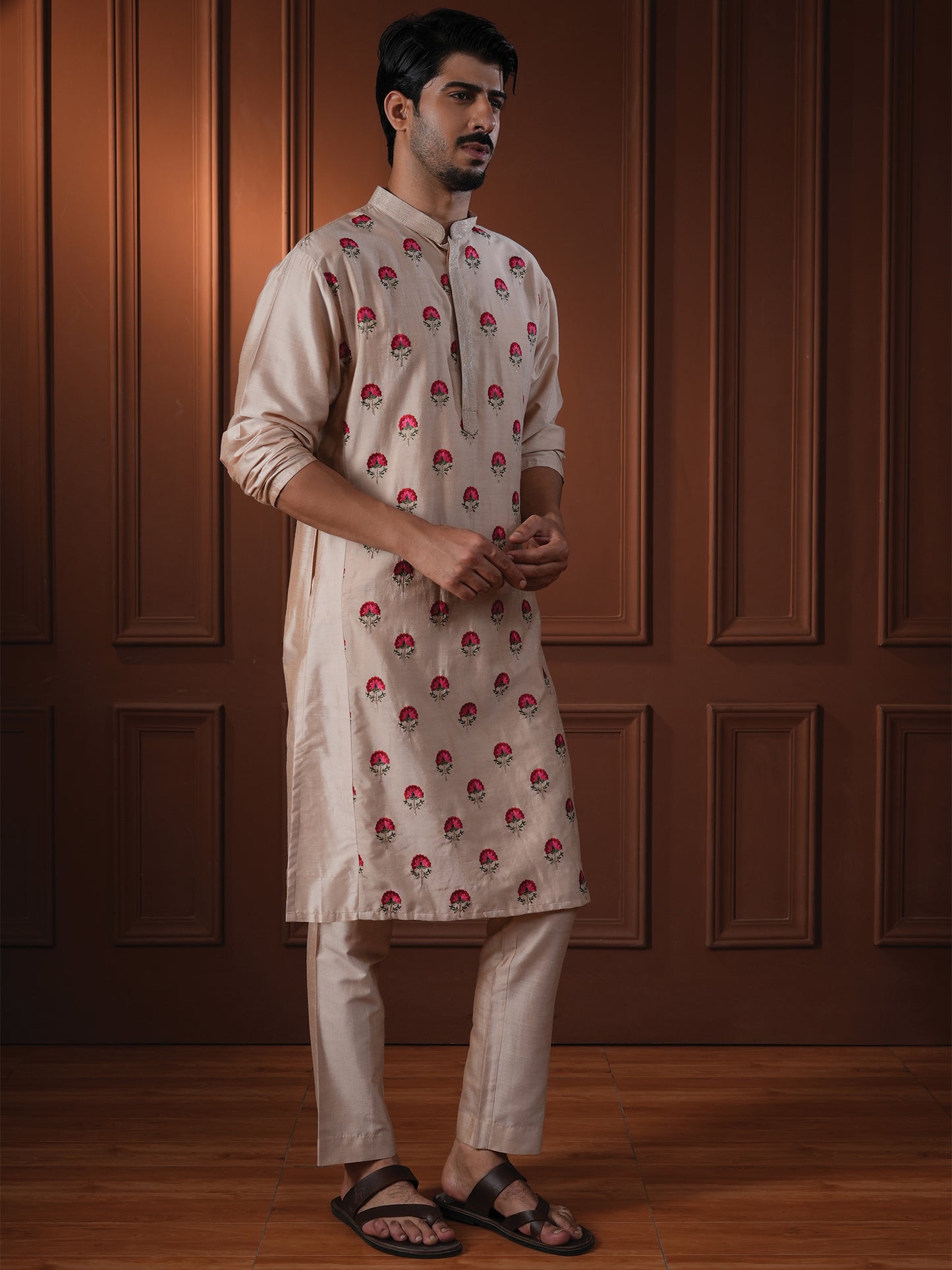 Mukunda Beige Embroidered Katan Kurta Set