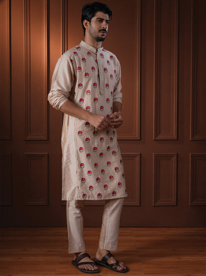 Mukunda Beige Embroidered Katan Kurta Set