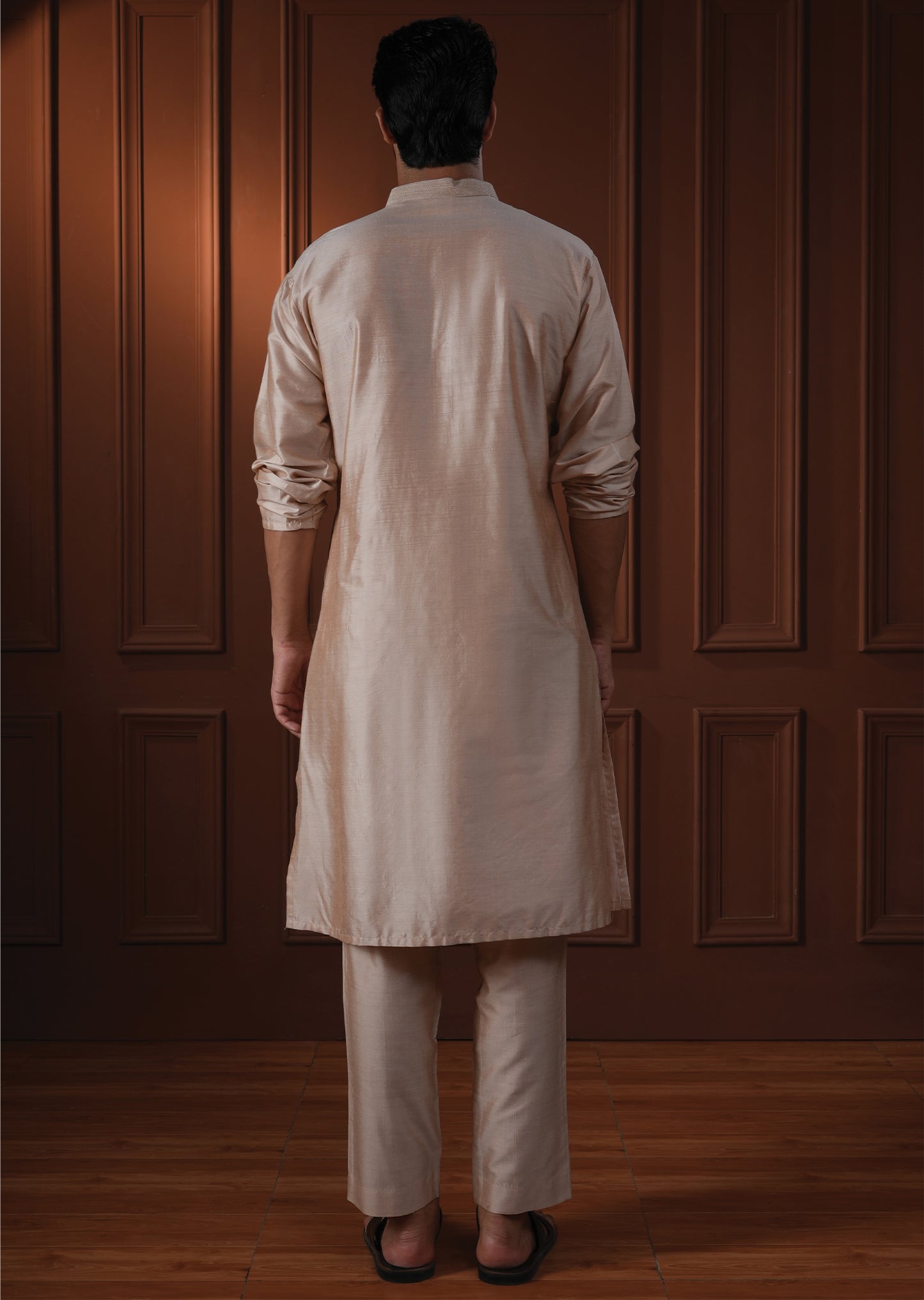 Mukunda Beige Embroidered Katan Kurta Set