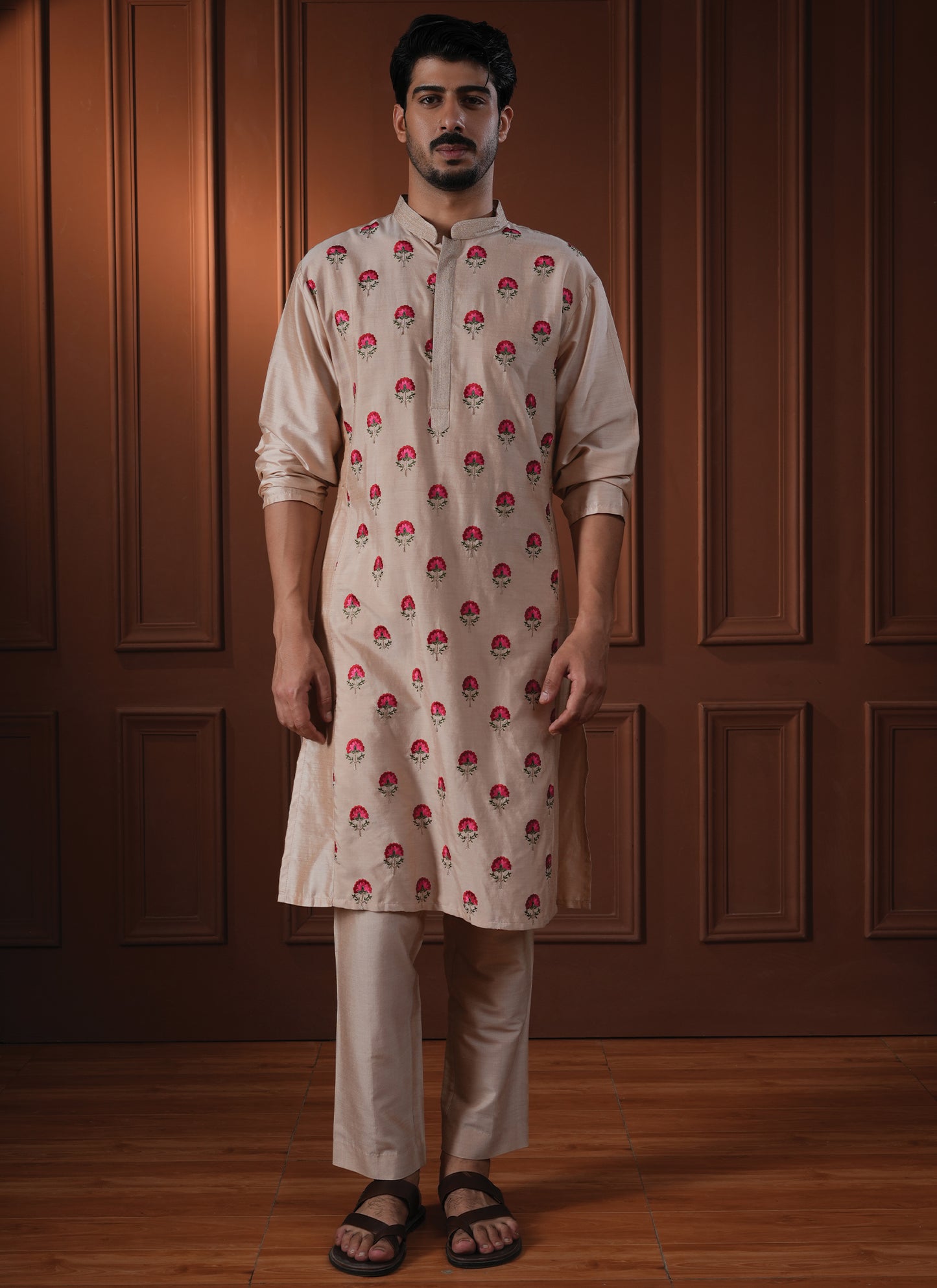 Mukunda Beige Embroidered Katan Kurta Set