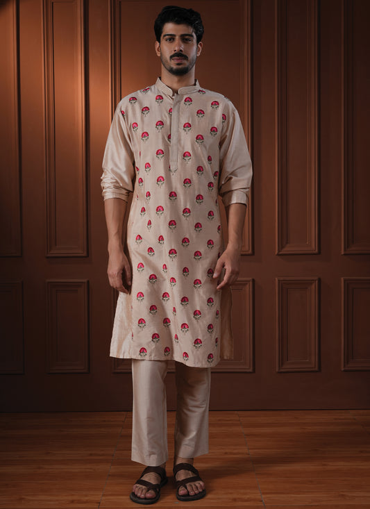 Mukunda Beige Embroidered Katan Kurta Set