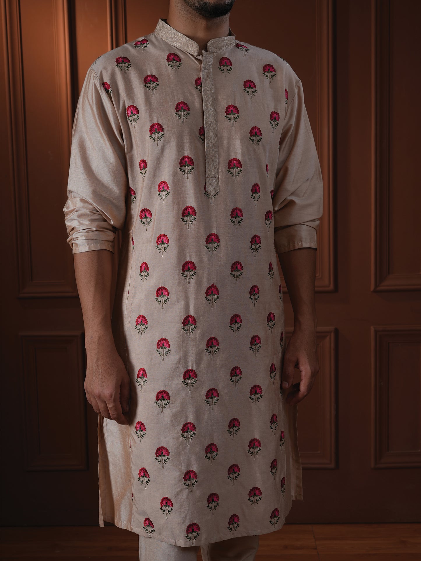 Mukunda Beige Embroidered Katan Kurta Set