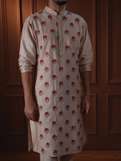 Mukunda Beige Embroidered Katan Kurta Set