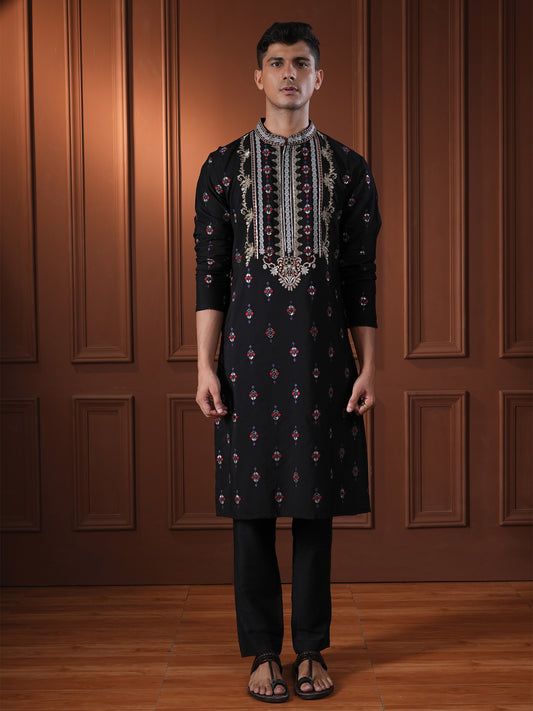 Tanvith Black Embroidered Katan Kurta