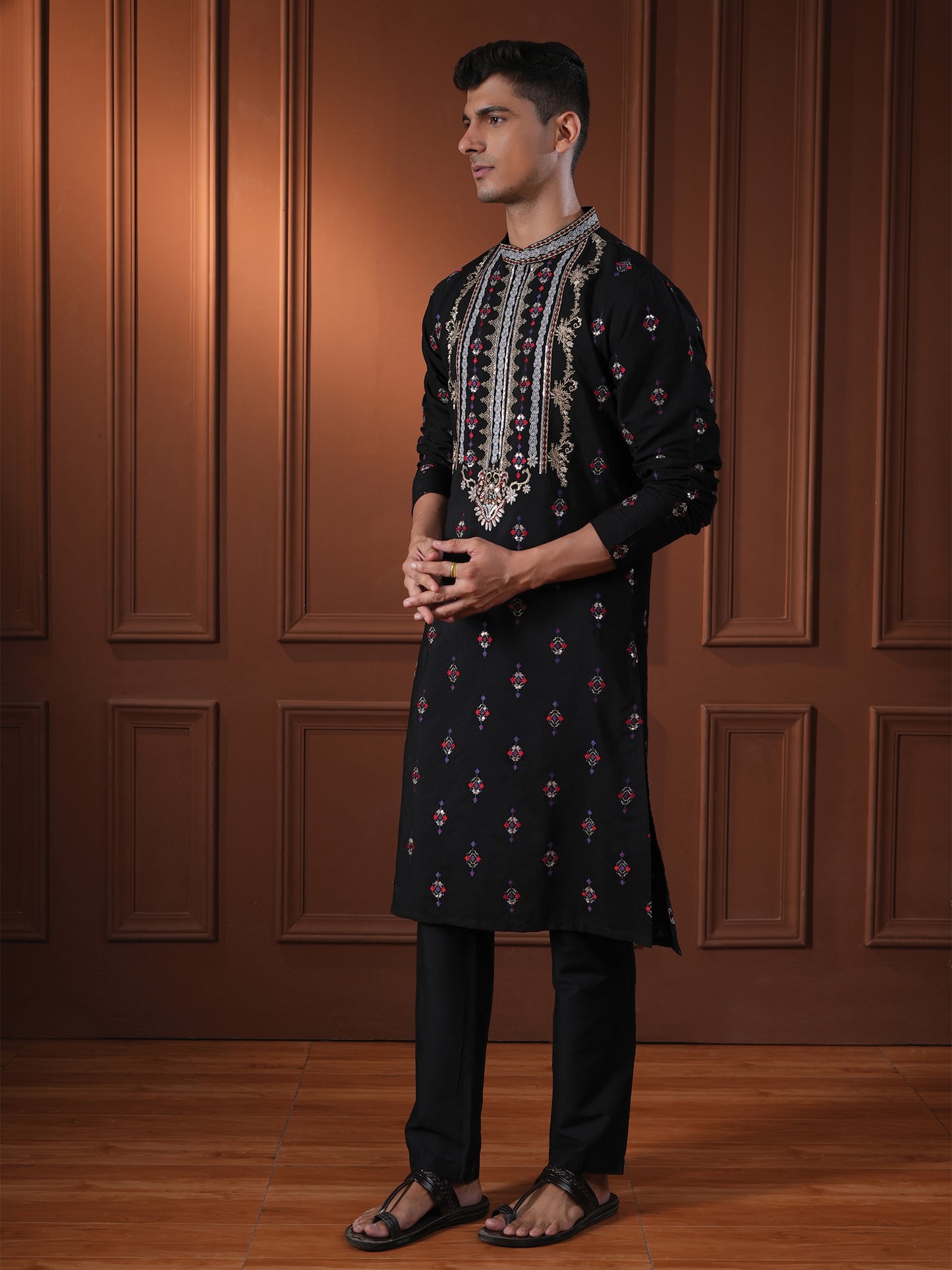 Tanvith Black Embroidered Katan Kurta