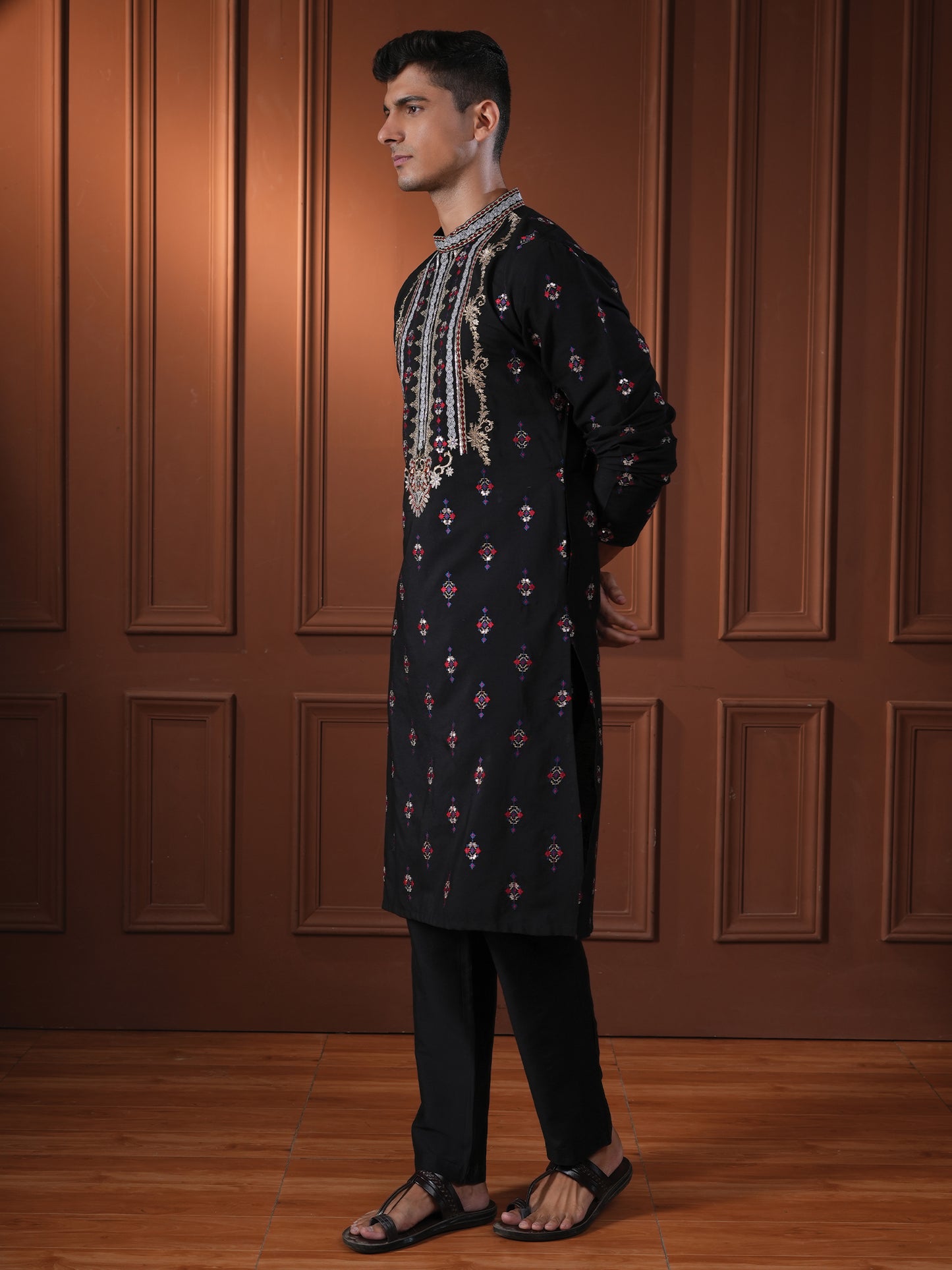 Tanvith Black Embroidered Katan Kurta
