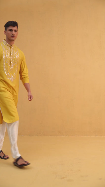 Nitigya Yellow Embroidered Katan Kurta Set