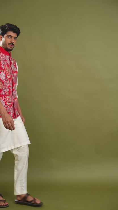 Chitran Red Embroidered Katan Bundi Set