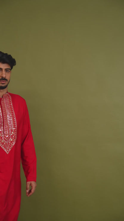Shreen Red  Embroidered Katan Kurta Set