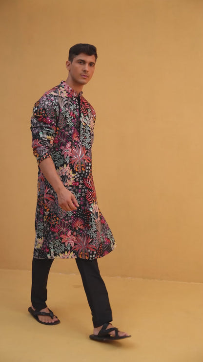 Aarush Black Embroidered Katan Kurta Set