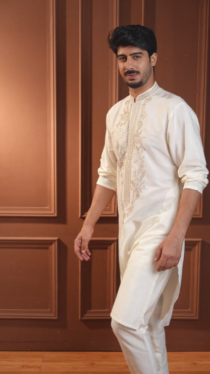 Anshul Ivory Embroidered Katan Kurta