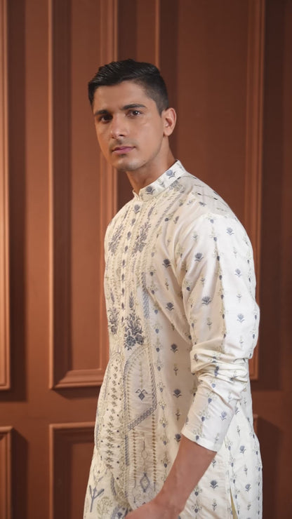 Tohsin Ivory Embroidered Katan Kurta