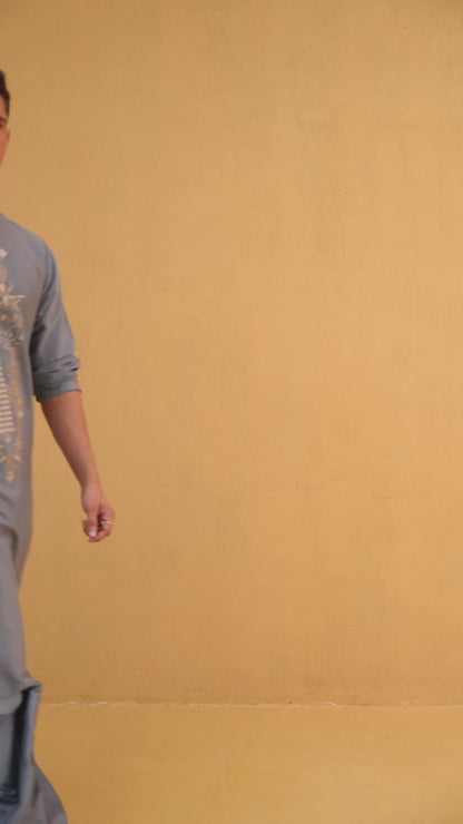 Anshul Blue Embroidered Katan Kurta Set