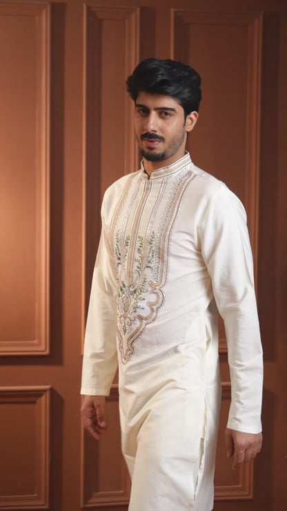 Aarnik Ivory Embroidered Katan Kurta