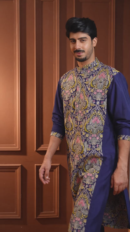 Ketan Blue Embroidered Katan Kurta
