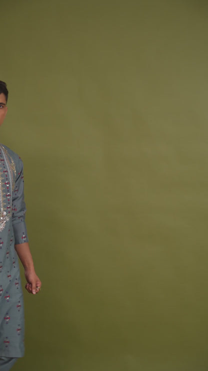 Tanvith Blue Embroidered Katan Kurta