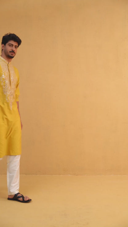 Shivang Yellow  Embroidered Katan Kurta Set