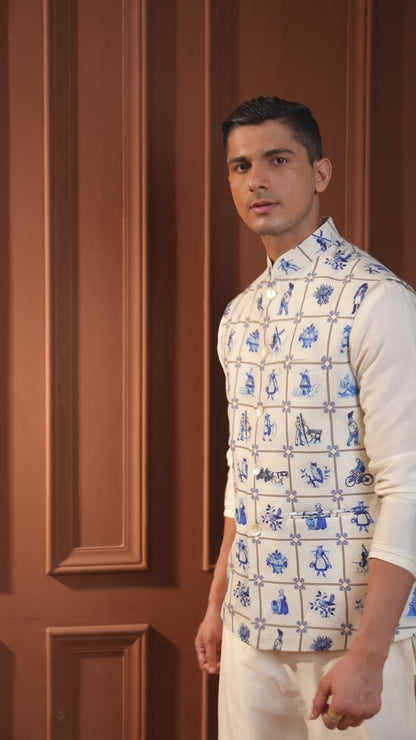 Laxit White Printed Cotton Bundi