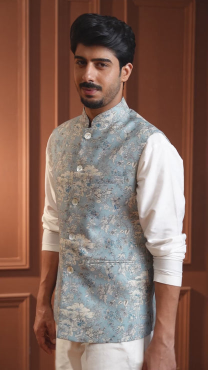 Shyamal Powder Blue Printed Cotton Bundi Set