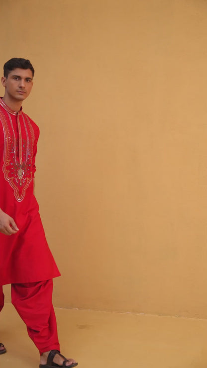 Aarnik Red Embroidered Katan Kurta Set