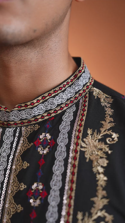 Tanvith Black Embroidered Katan Kurta