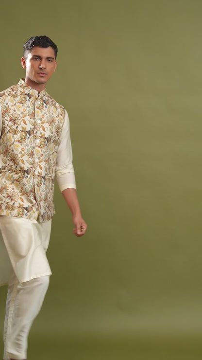 Tirtha Beige Printed Chanderi Bundi Set
